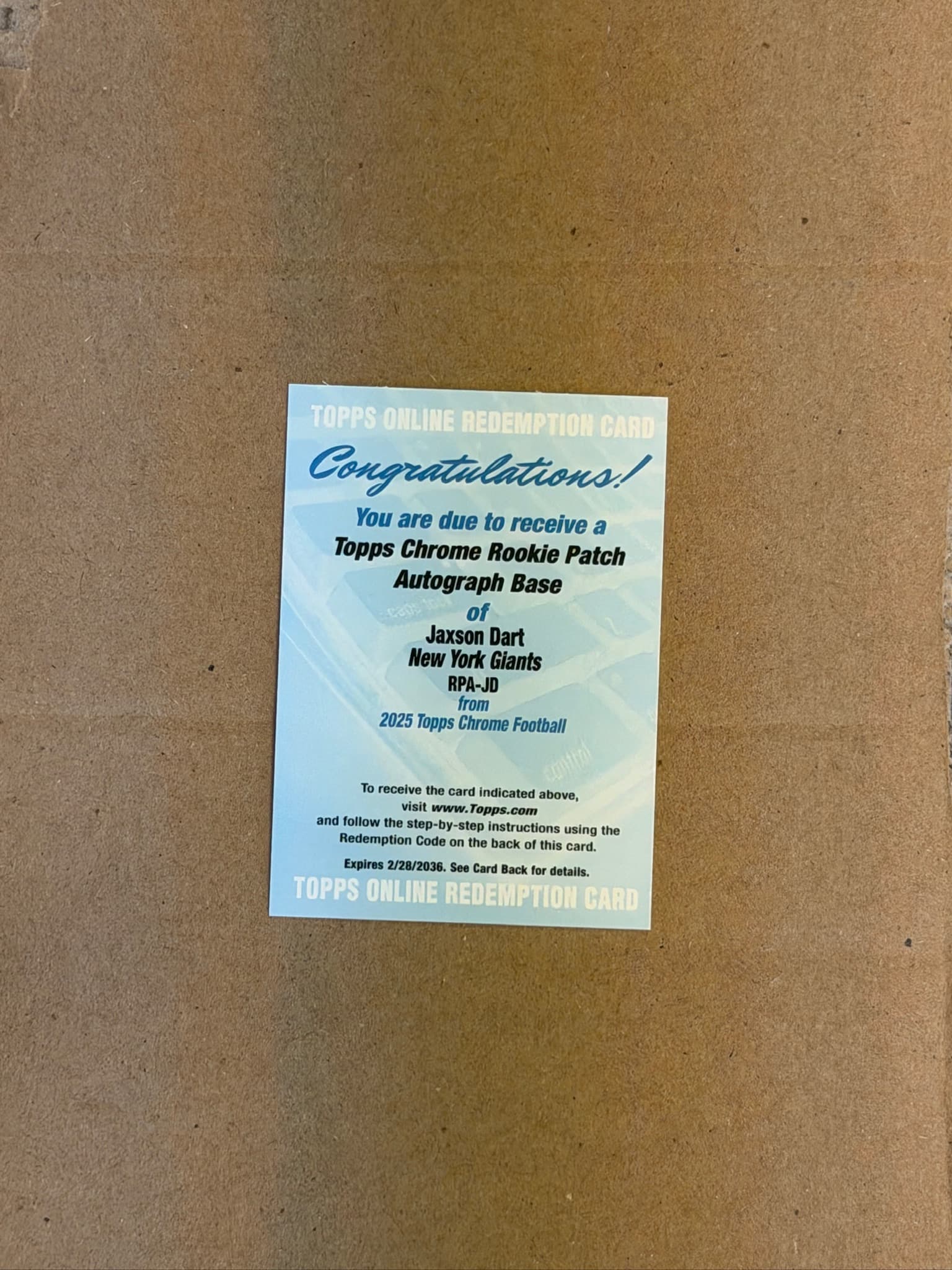 2025 Topps Chrome Jaxson Dart Redemption Auto Relic RC #RPA-JD