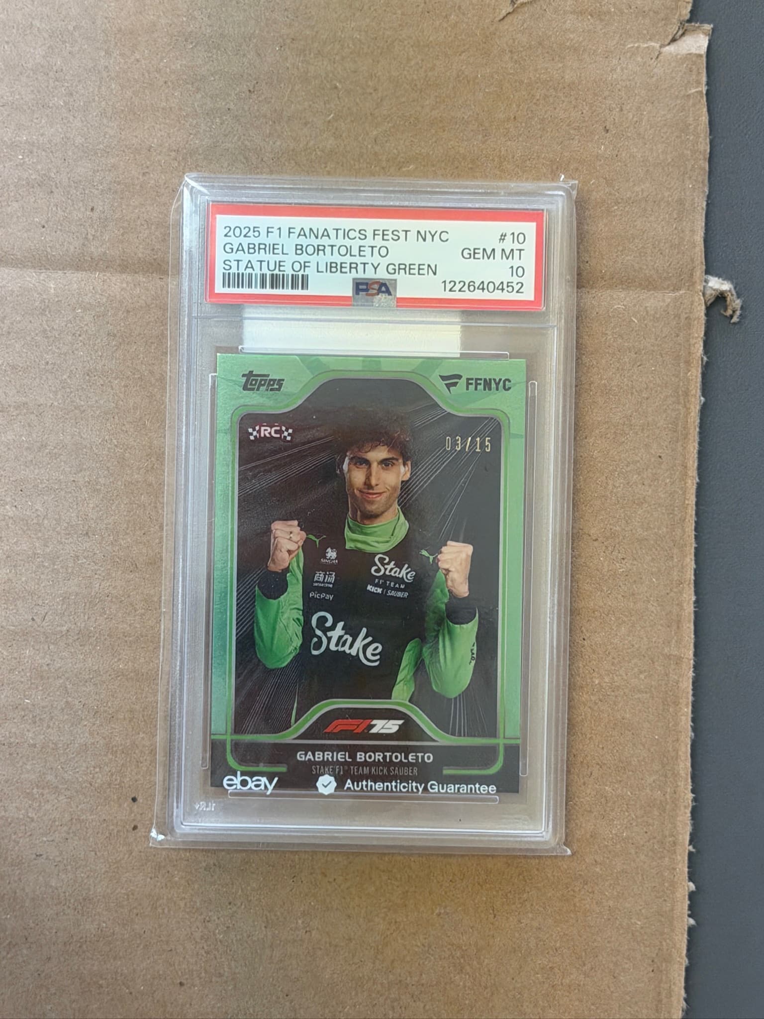 2025 Topps F1 Fanatics Fest NYC Gabriel Bortoleto Statue of Liberty RC #10 /15 P